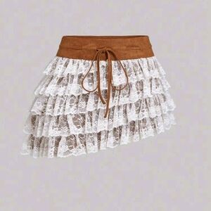 Brown and White Lace Tiered Skirt